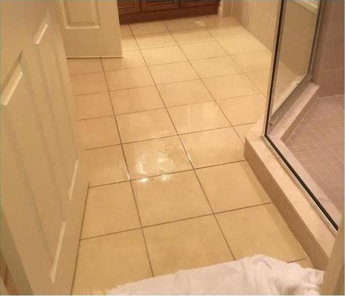 Visible water on a white tile floor in a bathroom
